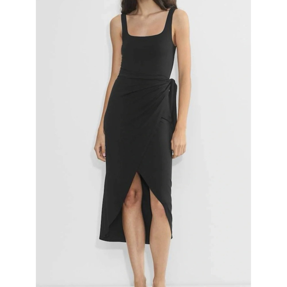 NEW Wilfred Aritzia Saturn Wrap Dress Black Sleeveless Midi Jersey Large